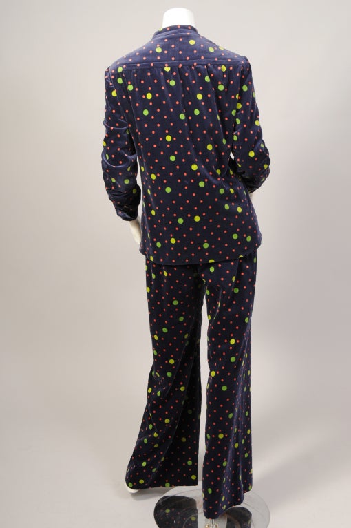 Black 1960's Givenchy Red and Green Polka Dots on Navy Velvet Pant Suit 