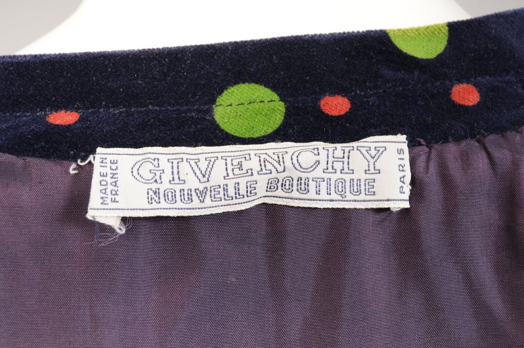 1960's Givenchy Red and Green Polka Dots on Navy Velvet Pant Suit  In Excellent Condition In New Hope, PA