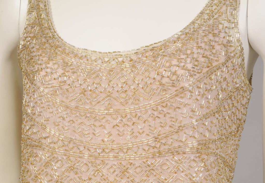 Halston Blush Colored Bugle Beaded Evening Dress For Sale at 1stdibs