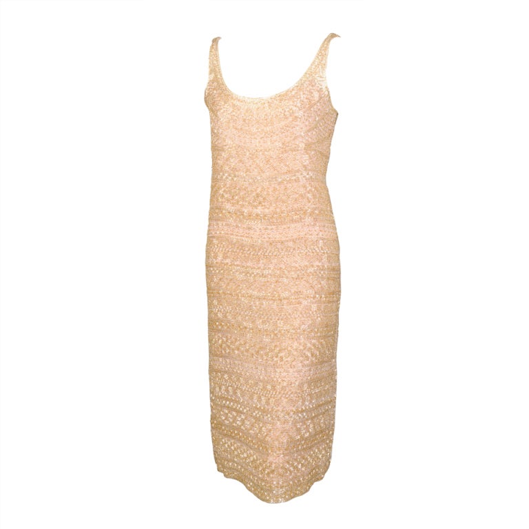 Halston Blush Colored Bugle Beaded Evening Dress For Sale at 1stdibs