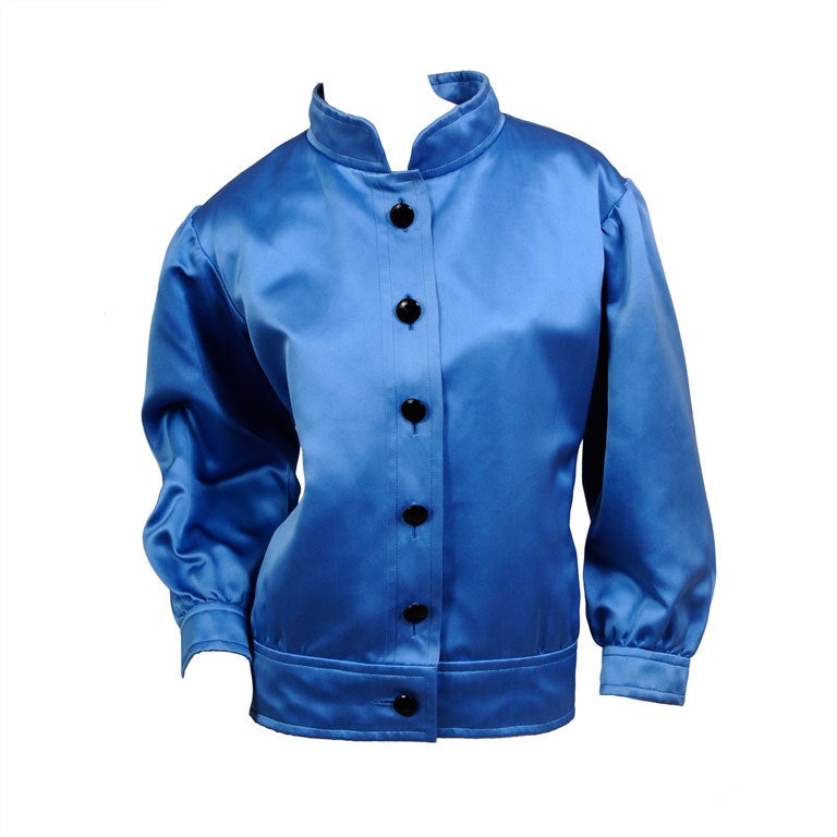 Yves Saint Laurent Numbered Haute Couture Blue Satin Jacket For Sale