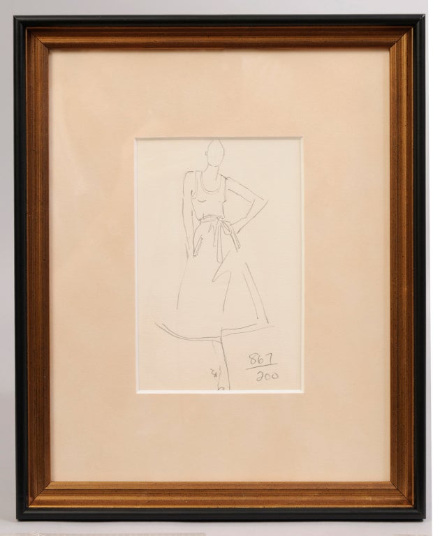 This is a rare original Joe Eula fashion sketch of a Halston fashion design done in pencil during a fashion show. This drawing is from the estate of Martha Graham, a close personal friend of Halston. He designed the costumes for some of her company