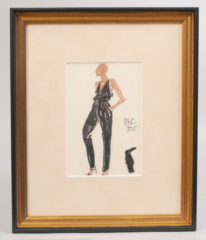 This is a rare original Joe Eula fashion sketch of a Halston fashion design, complete with an attached fabric swatch. This drawing is from the estate of Martha Graham, a close personal friend of Halston. He designed the costumes for some of her