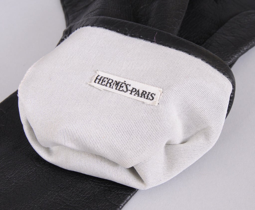 Orange Hermes Black Leather Gloves with Silk Lining in Original Box For Sale