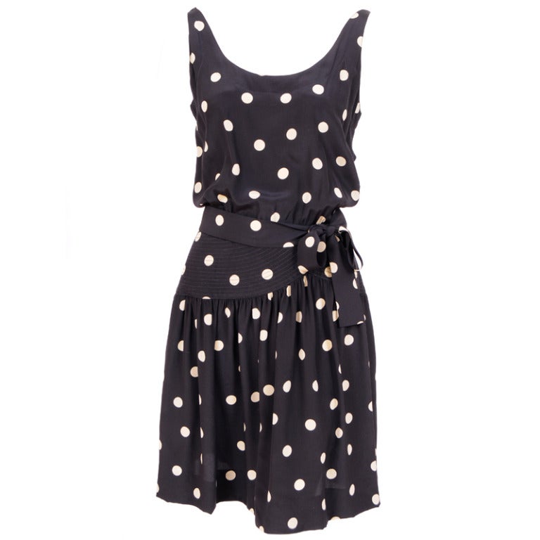 Martha, Palm Beach White Polka Dots on Black Silk Dress For Sale