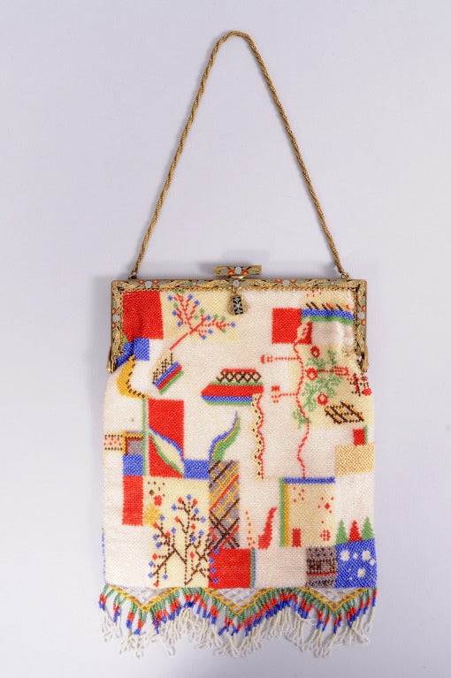 Wiener Werkstatte Beaded Bag with Striking Enamel Frame In Excellent Condition In New Hope, PA