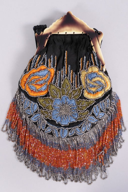1920's Embroidered & Beaded Bag with Matching Celluloid Frame In Excellent Condition In New Hope, PA
