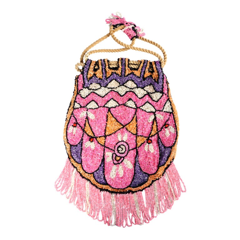 1920's Art Deco Beaded Bag with Beaded Drawstring