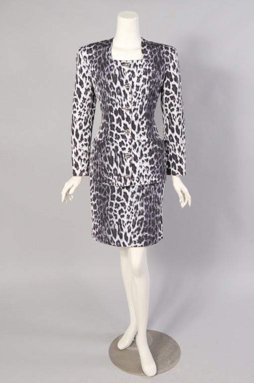 The late Patrick Kelly, a Mississippi born and Paris based designer, is the subject of an upcoming exhibit at the Philadelphia Museum of Art. 
This cotton leopard print suit is one of his iconic designs. The fitted jacket has two hip pockets and