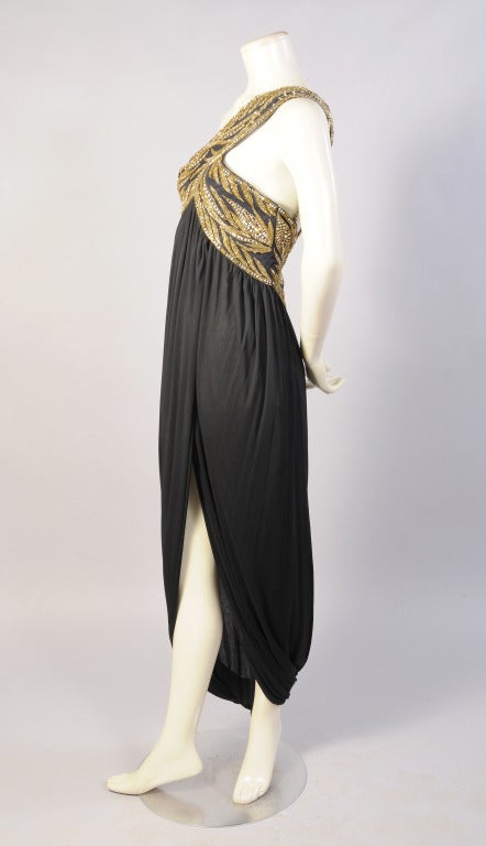 Bob Mackie Gold Beaded One Shoulder Gown with Back Interest In Excellent Condition In New Hope, PA
