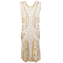 1920's French Gold & Silver Beaded Cotton Flapper Dress