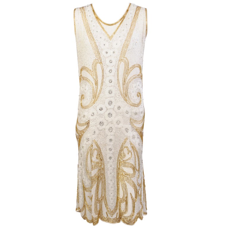 1920's French Gold & Silver Beaded Cotton Flapper Dress