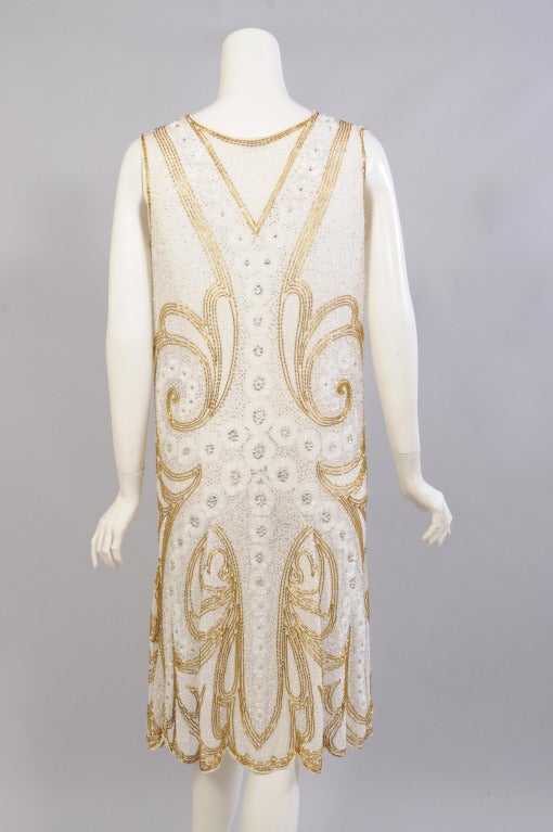 1920's French Gold & Silver Beaded Cotton Flapper Dress In Excellent Condition In New Hope, PA