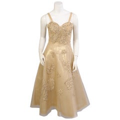 1950's Harvey Berin Beaded Gold Lame & Tulle Evening Dress