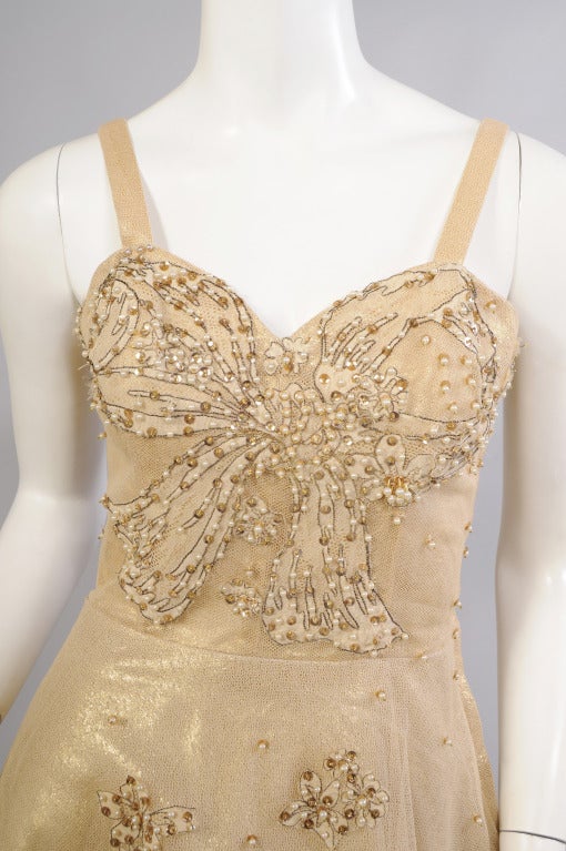 1950's Harvey Berin Beaded Gold Lame & Tulle Evening Dress In Excellent Condition In New Hope, PA