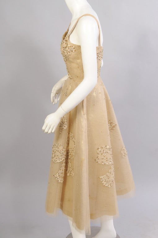 1950's Harvey Berin Beaded Gold Lame & Tulle Evening Dress 1