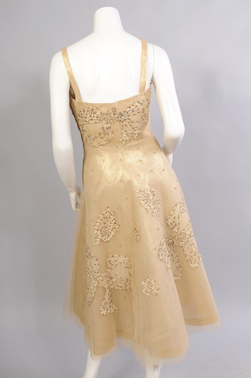 1950's Harvey Berin Beaded Gold Lame & Tulle Evening Dress 2