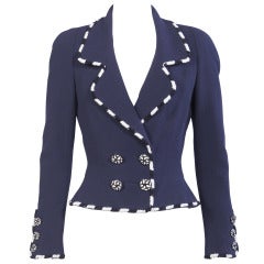 Chanel Haute Couture Runway Worn Navy & White Wool & Raffia Jacket