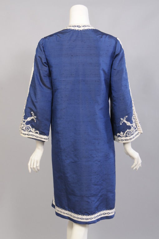 Blue Silk Caftan with White Silk Braid Applique In Excellent Condition In New Hope, PA
