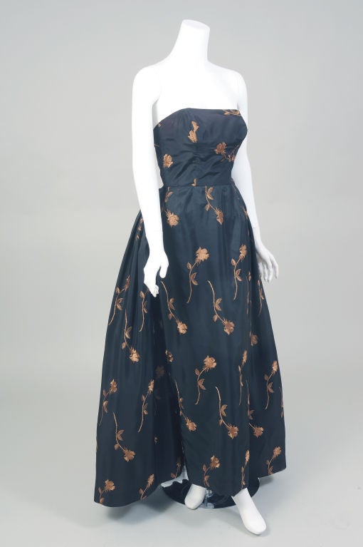 Women's Black Silk Ballgown, Copper Embroidery