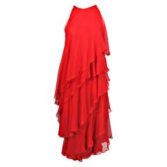 1970's Halston Red Tiered Chiffon Cocktail Dress 5