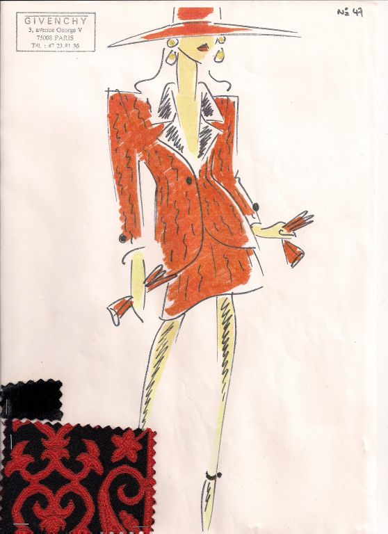 Sketch of a cocktail or dinner suit produced in a limited number for couture clients, with attached fabric sample.<br />
<br />
Measurements;<br />
Height 11 3/4