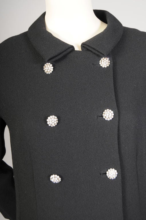 Norman Norell Black Wool Dinner Dress with Rhinestone Buttons In Excellent Condition In New Hope, PA