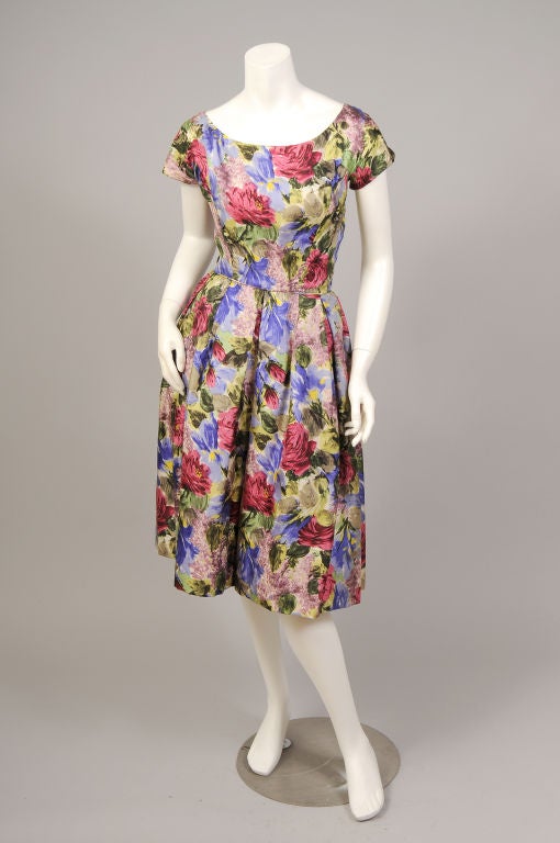 Women's 1950's Bergdorf Goodman Floral Print Silk Dress