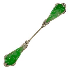 Antique Art Deco Carved Jade and Diamond White Gold Jabot Pin