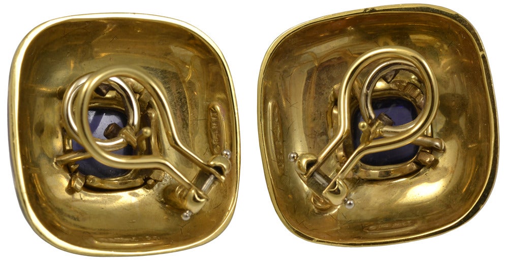 Cabochon Sapphire Enameled Gold Clip/Post Earrings