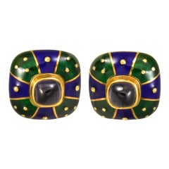 Cabochon Sapphire Enameled Gold Clip/Post Earrings