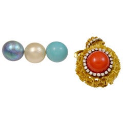 Interchangeable Diamond, Coral, Turquoise, Mabe Pearl Yellow Gold Brooch