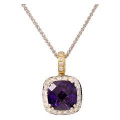 Pillow Cut Amethyst Diamond Gold Pendant with Chain