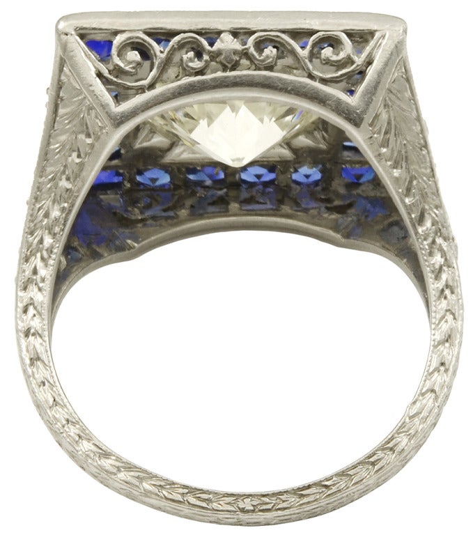 Absolutely gorgeous Art Deco diamond and sapphire platinum ring.  The center Old European cut diamond is estimated to be 2.35cts K-L color, VS1 clarity, with 0.25cts in accent diamonds.  There is approximately 1.00cts in sapphires