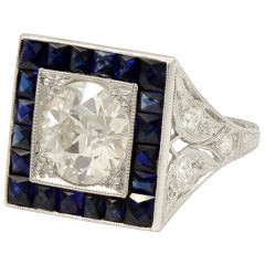 Art Deco Old European Cut Sapphire Diamond Platinum Ring