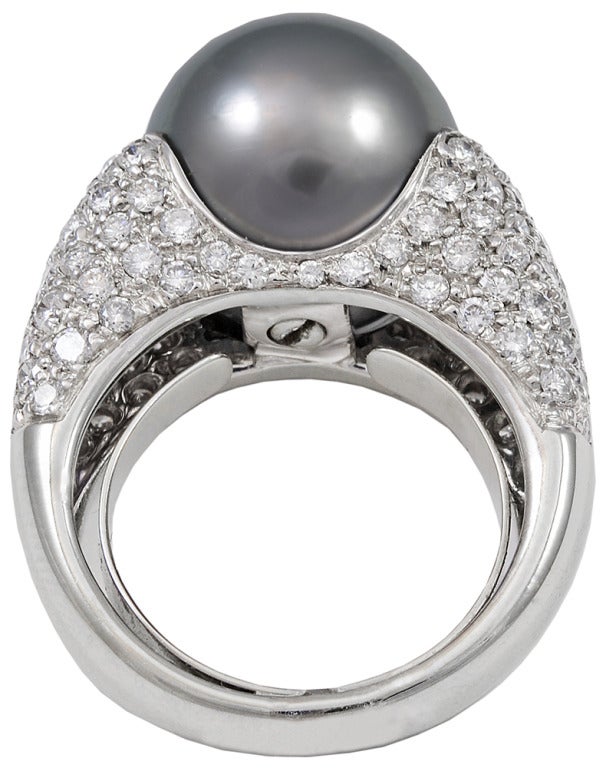 This is a great cocktail ring!  A 13mm South Sea Tahitian pearl and diamond ring in 18k white gold.  There is an estimated total diamond weight of 2.50cts, F-G color, VS2-SI1 clarity.