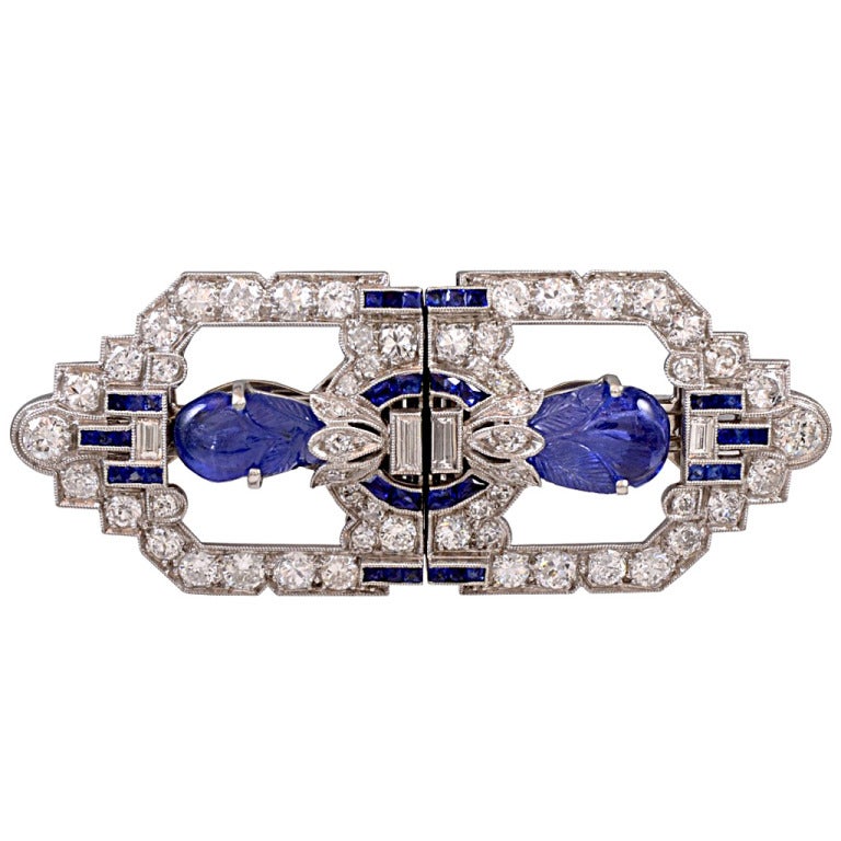 Carved Sapphire Diamond Platinum Dress Clips / Brooch