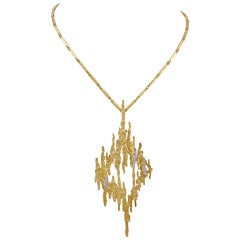 Andrew Grima Yellow "Textured" Gold Wire with Diamonds Pendant/Necklace