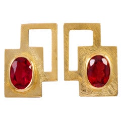 Burle Marx Oval Rubellite Tourmaline Geometric Gold Earrings