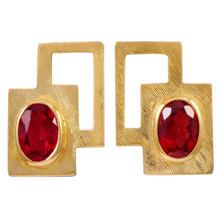 Burle Marx Oval Rubellite Tourmaline Geometric Gold Earrings at 1stdibs