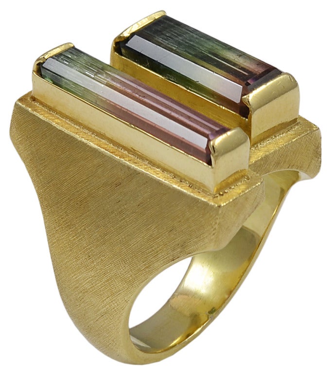 A beautiful, fun to wear, Bruno Guidi handcrafted ring. It is a double step cut watermelon tourmaline, set in an 18k yellow gold, brushed finish mounting. 

 Bruno Guidi who devoted his entire career to creating magnificent, one-of-a-kind, hand