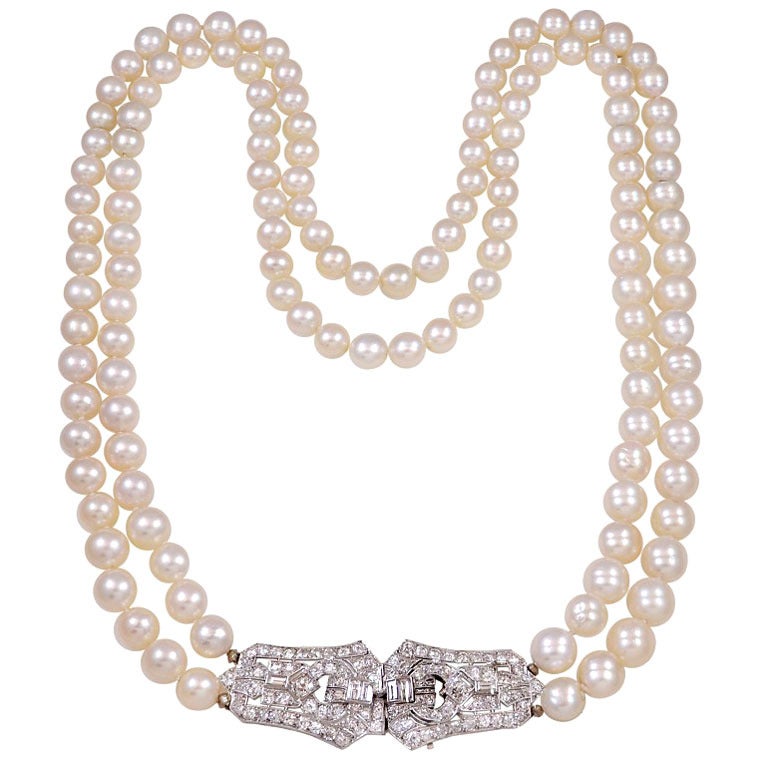 Double Strand of Nesting Pearls with a Diamond Platinum Clasp at 1stDibs