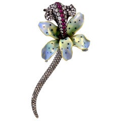 Enamel Cabochon Ruby Rose Cut Diamond Orchid Brooch