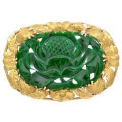 Carved Jade Yellow Gold Frame Pin
