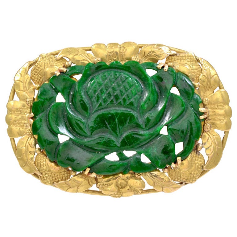 Carved Jade Yellow Gold Frame Pin at 1stDibs