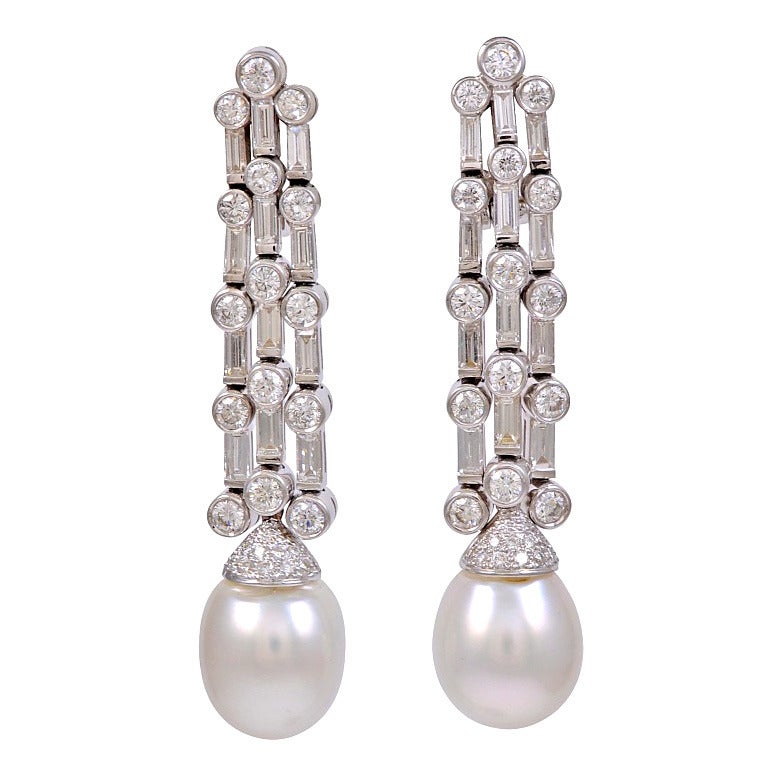 Pearl Diamond White Gold Chandelier Earrings