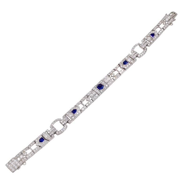 Art Deco Cabochon Sapphire Diamond Platinum Link Bracelet