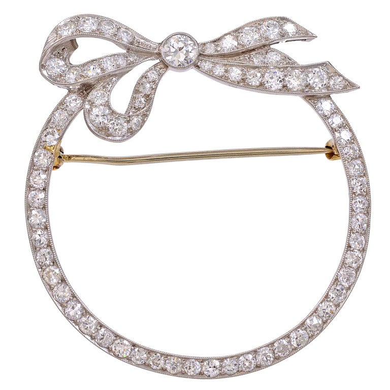 Edwardian Old European Cut Diamond Circle Bow Brooch