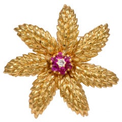 Ruby and Diamond Yellow Gold Flower Brooch