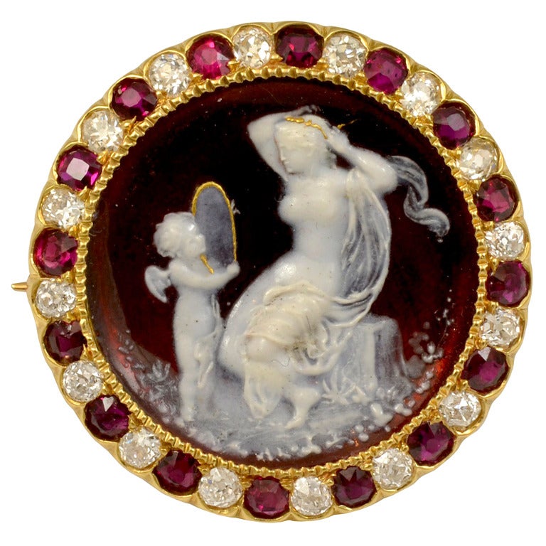 Tiffany & Co. Red Enameled Venus and Cupid Cameo Ruby Diamond Pin